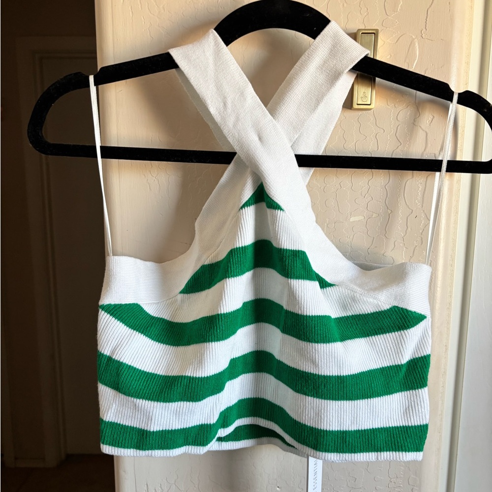 NWT House of Harlow 1960 White & Green Striped Cross-Back Knit Crop Top, Size L